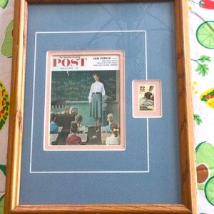 Framed Saturday Evening Post teacher by Norman Rockwell. 22cent stamp 1985
